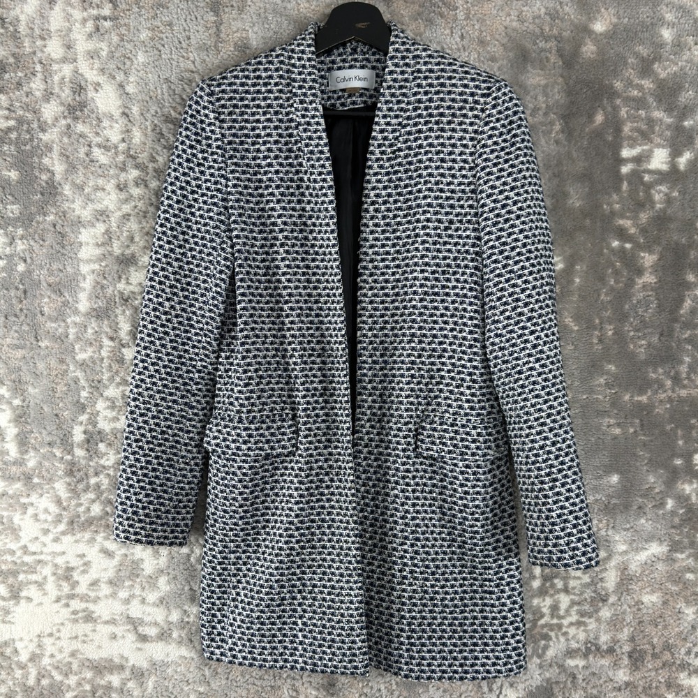 Calvin Klein Size 2 Career Open Front‎ Blazer Jacket White Black Long Sleeve